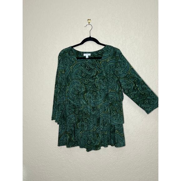 Susan Graver womens size L top tiered green paisley 3/4 sleeve artsy, lagenlook - Picture 10 of 11